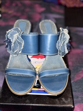 New York Transit Blue Denim Flower Slide Mules